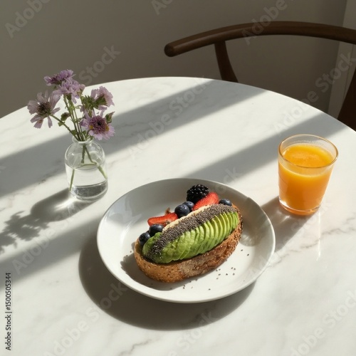 a healthy breakfast setup on a white marble table