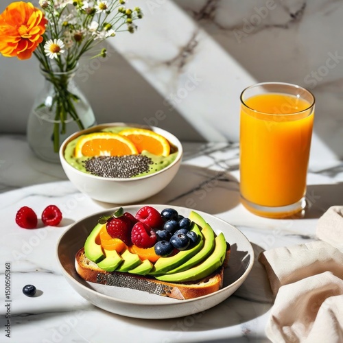 a healthy breakfast setup on a white marble table