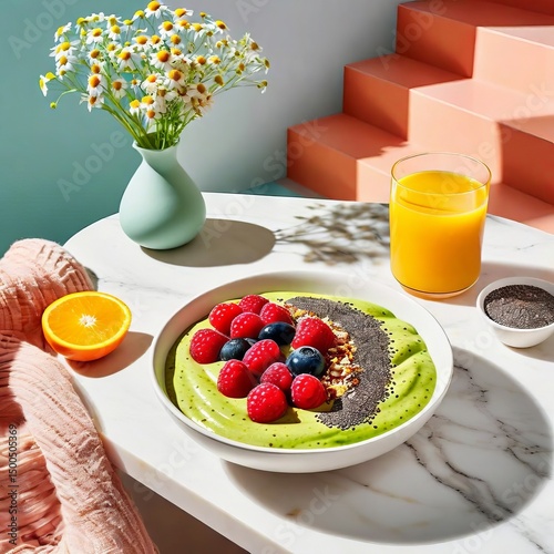 a healthy breakfast setup on a white marble table