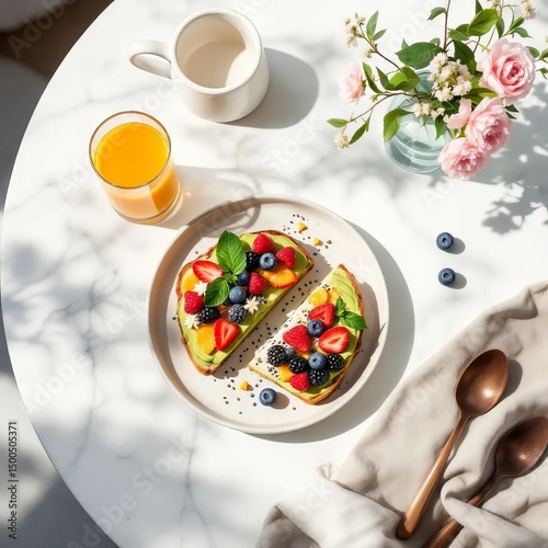 a healthy breakfast setup on a white marble table
