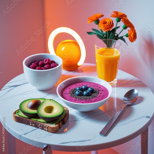 a healthy breakfast setup on a white marble table