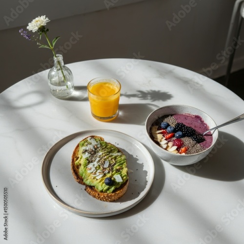 a healthy breakfast setup on a white marble table