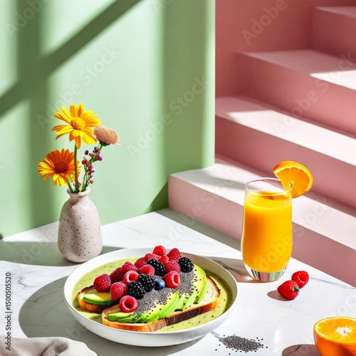 a healthy breakfast setup on a white marble table