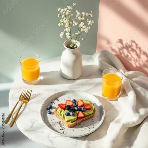 a healthy breakfast setup on a white marble table
