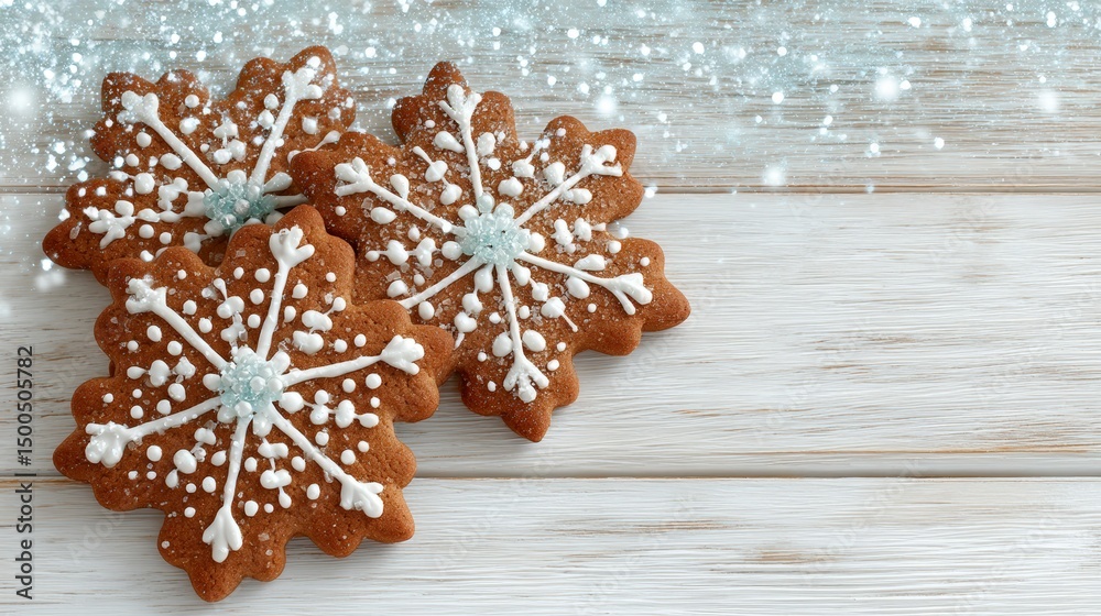 Festive Snowflake Cookies on Rustic White Wood Background Festive Snowflake Cookies on Rustic White Wood Background