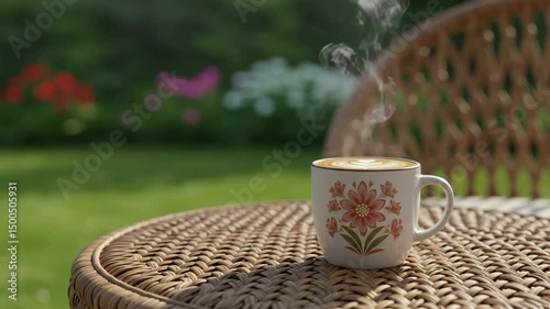 4k video, Steaming cup of coffee placed on a table outdoors with a peaceful natural view seamless looping 4k time-lapse. A steaming cup of coffee with floral design, blurred background, 