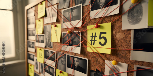 Detective Evidence Board with Photos, Fingerprints, and Red Strings