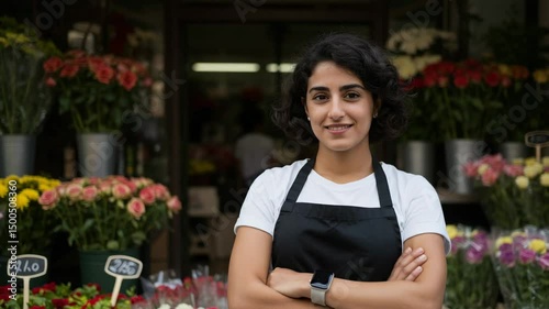 pride and calm in blooming urban setting full of arrangements and charm, woman, dark hair slight smile, Florist standing with thoughtful expression outside decorated flower shop, arms crossed,4k video