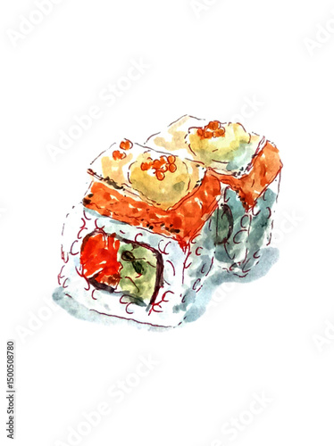 Aburi Salmon Cheese Sushi Roll Watercolor Illustration Hand Drawn