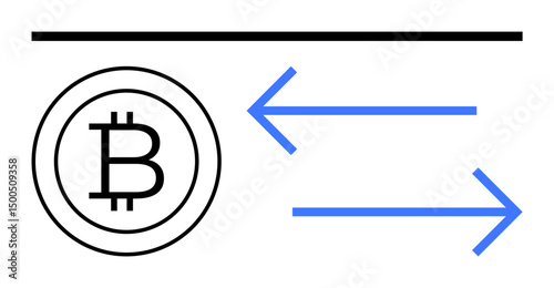 Bitcoin sign with left and right arrows denoting cryptocurrency transactions, blockchain, and financial interaction. Ideal for fintech, blockchain, finance, investment, cryptocurrency, transfer