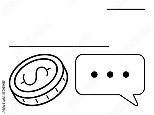 Coin with dollar sign and speech bubble symbolize finance, discussion, transactions, saving, banking, decision-making, investment, monetary services. Ideal for business fintech education simple