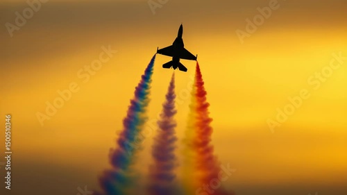 Spectacular Jet Silhouette with Vibrant Rainbow Smoke Trails Against a Golden Sunset