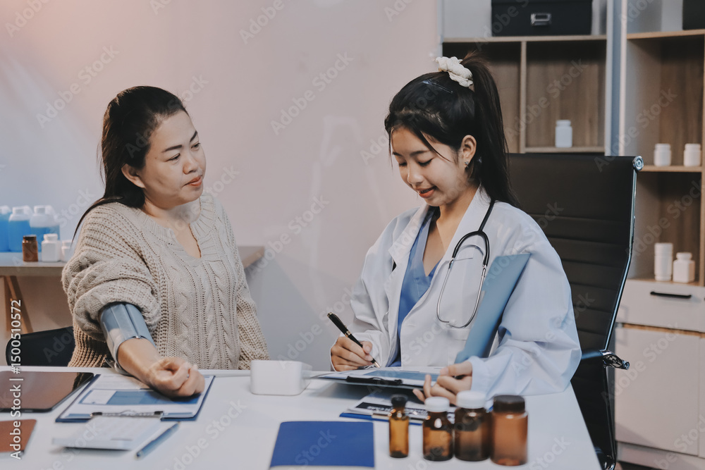 Fototapeta premium Doctor using sphygmomanometer with stethoscope checking blood pressure to a patient in the hospital.