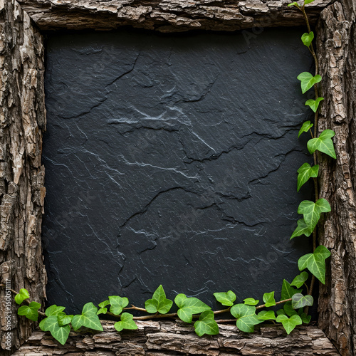 A rustic wooden frame made of tree bark surrounds a dark slate or chalkboard, adorned with green ivy vines photo