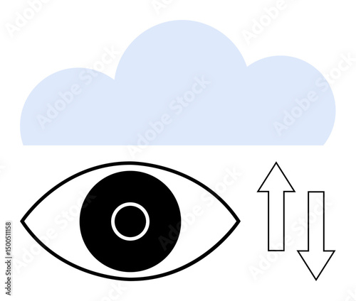 Eye below cloud with upward and downward arrows symbolizing data access, observation, and flow. Ideal for data storage, cloud access, privacy, surveillance, analysis, vision simple landing page