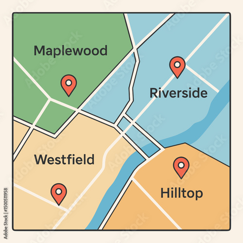 Colorful Vector Map Illustration Riverside, Hilltop, Maplewood, Westfield Neighborhoods