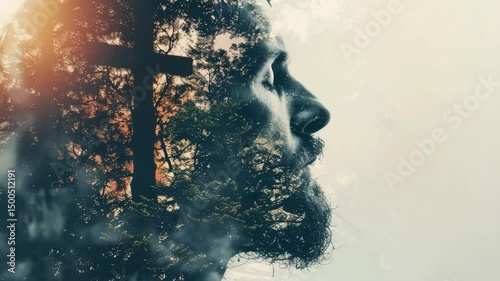 Man Contemplating Spirituality with Cross Reflected in His Profile, Symbolizing Faith and Inner Peace 4k video footage