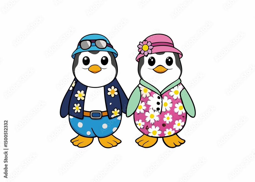 Obraz premium Cartoon Penguins Summer Theme Cute Arctic Wildlife Art