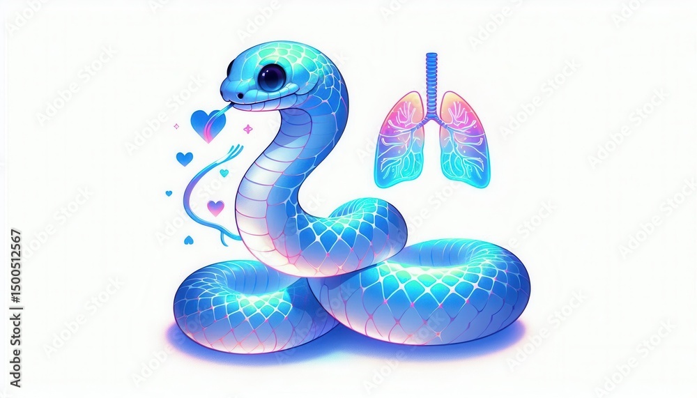 Fototapeta premium Vibrant blue snake illustration with lungs digital art whimsical style minimalist background artistic perspective