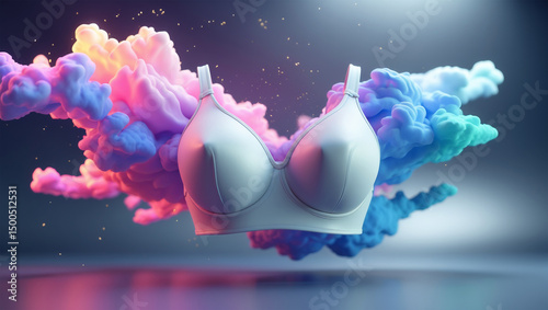 Floating Bra Mockup with Colorful Smoke and Abstract Background