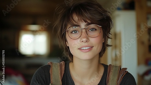 Close-up portrait of a woman with short brown hair, wearing round eyeglasses and a warm smile.  Interior setting with soft focus background