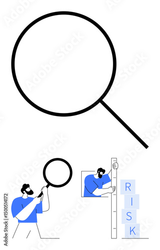 Magnifying glass examining key details, individual analyzing laddered risk blocks, abstract visual for problem-solving, analysis, business strategy, and risk mitigation. Ideal for strategy