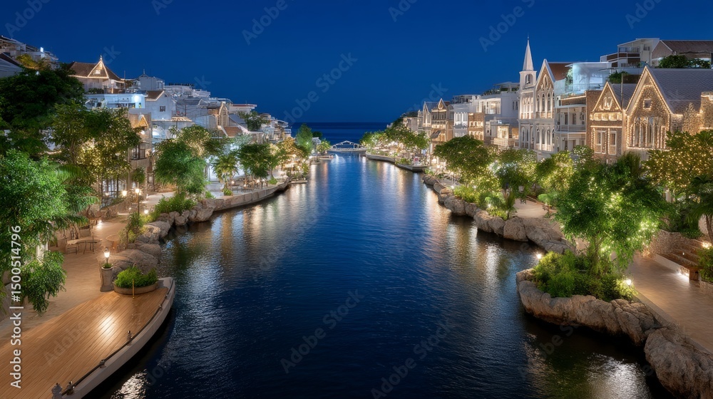 Obraz premium Nighttime Asian Town Canal Illuminated Buildings Boats Reflections