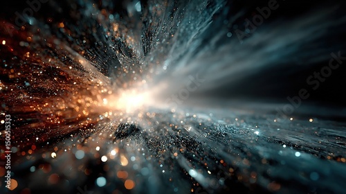 Abstract geometric light explosion and prismatic refraction effect with particles floating on dark background, high contrast of light and shadow. Vibrant colors create a futuristic surreal atmosphere