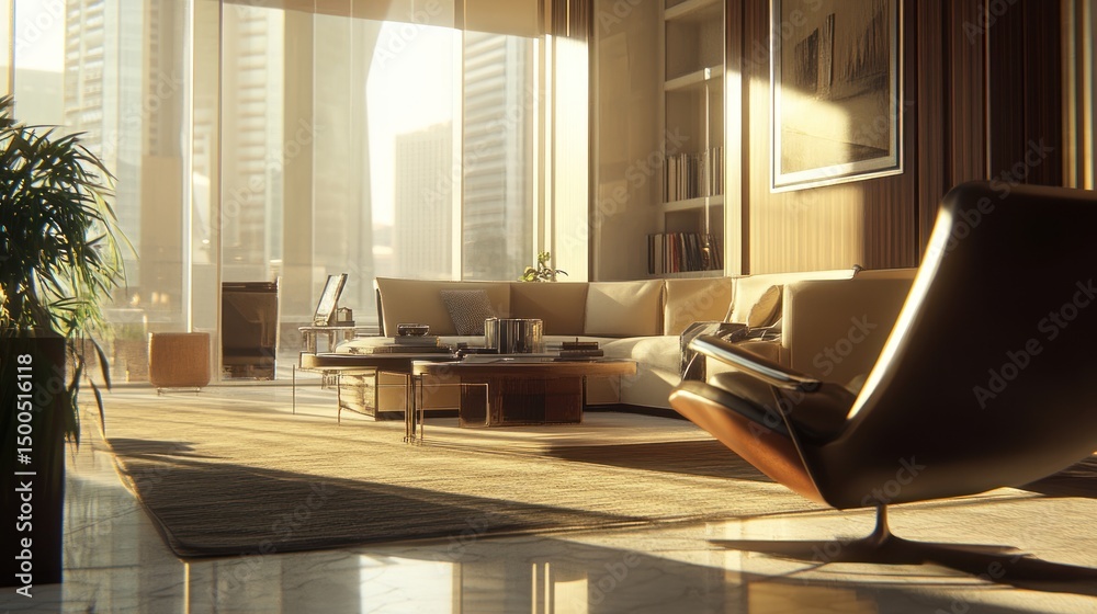 Fototapeta premium Modern living room interior with city view.