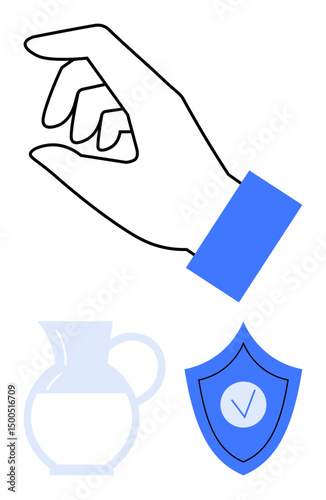 Minimalistic hand gesture with blue sleeve, transparent jug outline, and shield icon with checkmark. Ideal for concepts thumbs up safety, security, cleanliness, hygiene, assurance, precision
