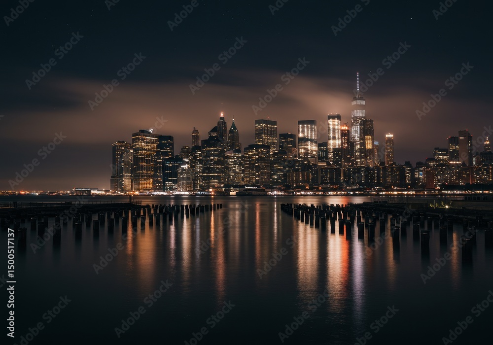 Naklejka premium Photo of a City Skyline at Night with Lights Reflected in Still Water