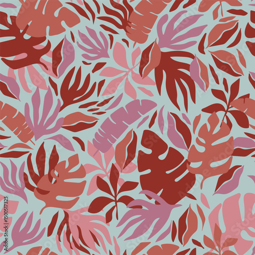 Bold maximalist tropical vector background. Modern botanical abstract seamless pattern. Groovy allover print with tropical leaves, branches and flowers