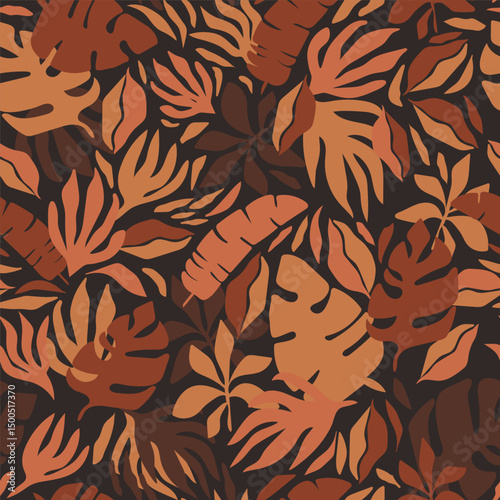 Bold maximalist tropical vector background. Modern botanical abstract seamless pattern. Groovy allover print with tropical leaves, branches and flowers