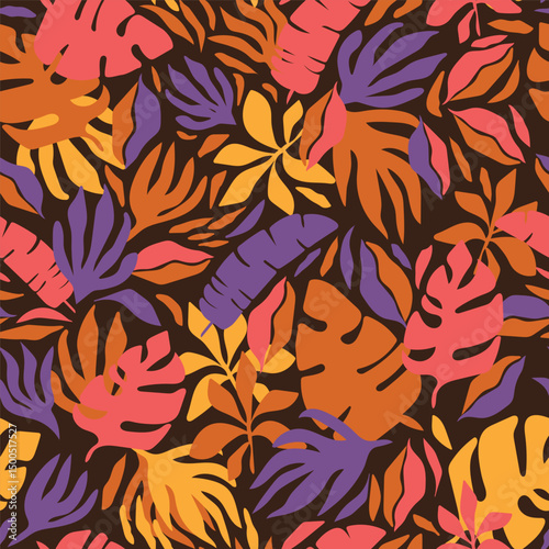 Bold maximalist tropical vector background. Modern botanical abstract seamless pattern. Groovy allover print with tropical leaves, branches and flowers