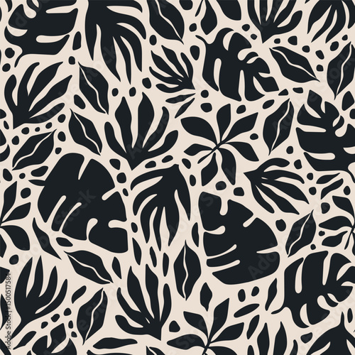 Bold maximalist tropical vector background. Modern botanical abstract seamless pattern. Groovy allover print with tropical leaves, branches and flowers