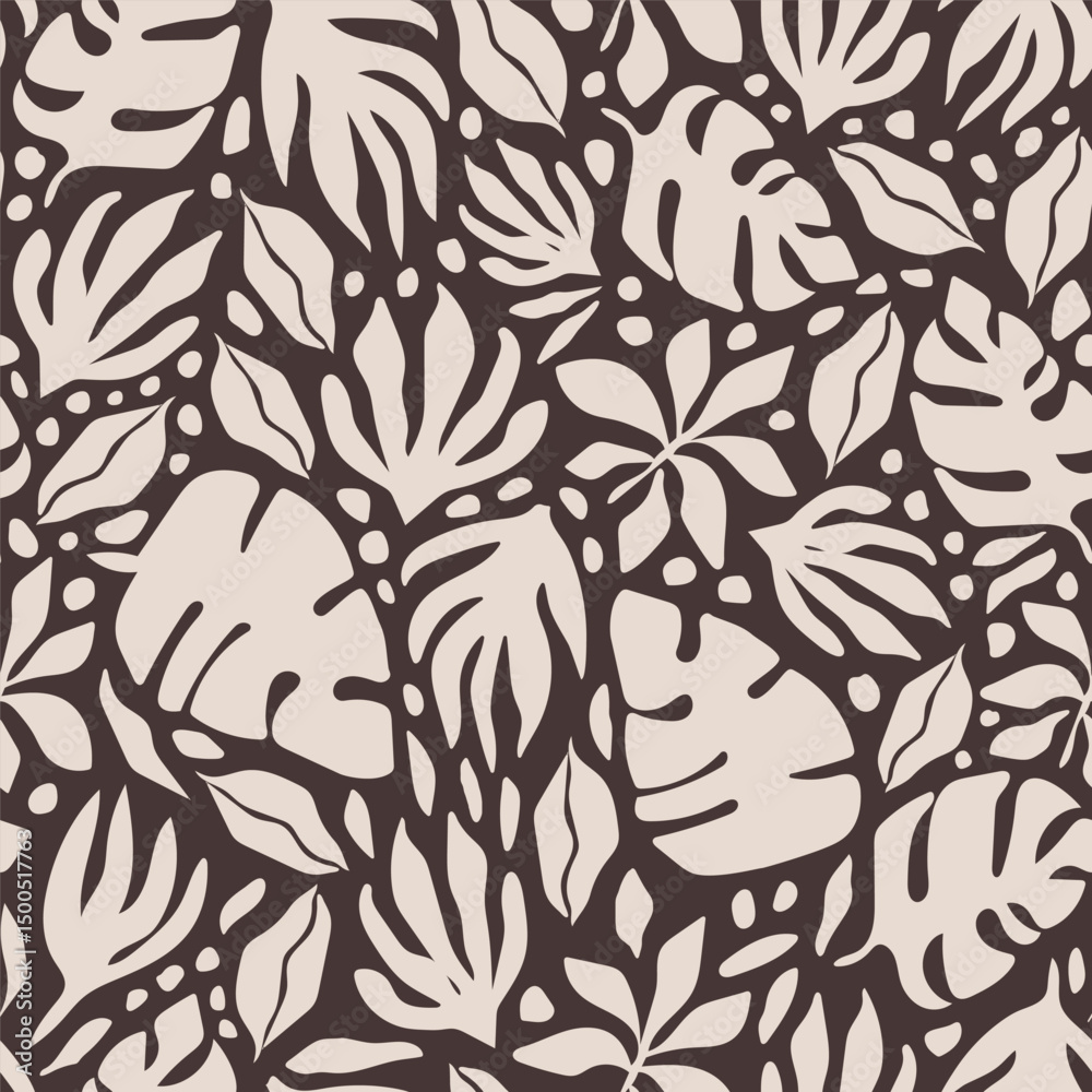 Bold maximalist tropical vector background. Modern botanical abstract seamless pattern. Groovy allover print with tropical leaves, branches and flowers Bold maximalist tropical vector background. Modern botanical abstract seamless pattern. Groovy allover print with tropical leaves, branches and flowers