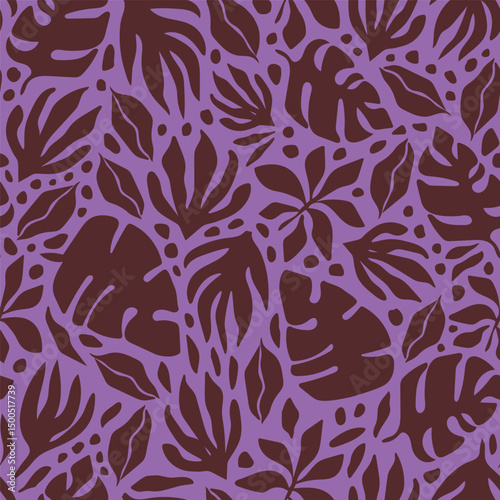 Bold maximalist tropical vector background. Modern botanical abstract seamless pattern. Groovy allover print with tropical leaves, branches and flowers