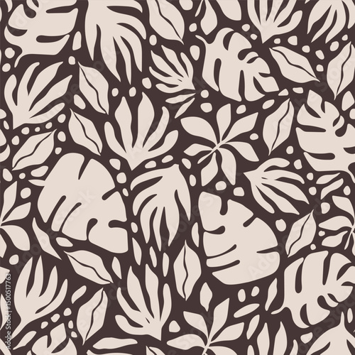 Bold maximalist tropical vector background. Modern botanical abstract seamless pattern. Groovy allover print with tropical leaves, branches and flowers