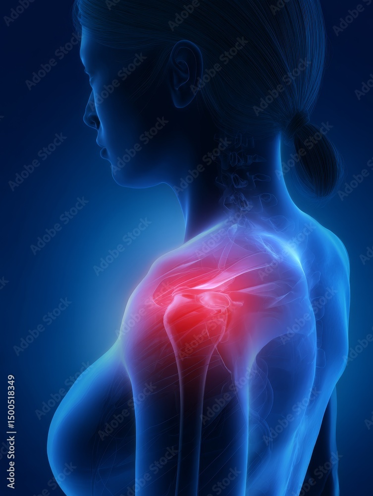 3D medical illustration of woman's shoulder pain with red-highlighted left scapula on blue background, showcasing muscle strain and discomfort 3D medical illustration of woman's shoulder pain with red-highlighted left scapula on blue background, showcasing muscle strain and discomfort