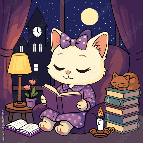 Vector illustration of cat wearing a purple bow a reading a book accompanied by a sleeping cat pet. Artwork and cat theme.