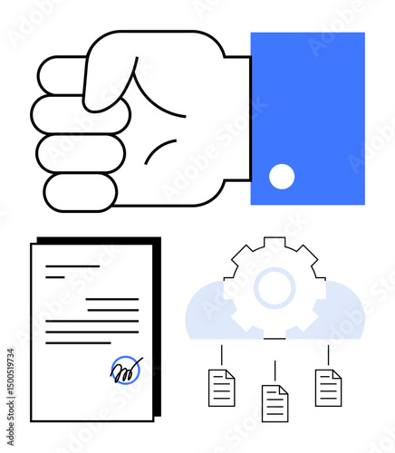 Hand with wrist sleeve, signed contract, gear icon, and cloud-linked files. Ideal for business, contract management, workflow automation, digital processes, partnership legal agreements flat simple
