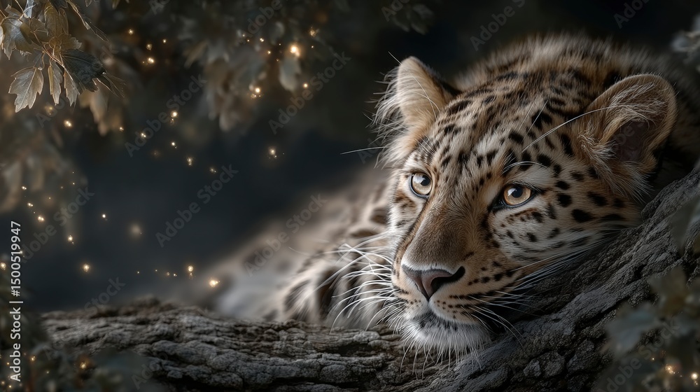 Fototapeta premium Majestic Leopard Resting on Branch Night Forest Wildlife Photography