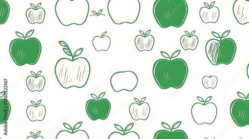 Fototapeta premium Green Apple Drawing Pattern on White