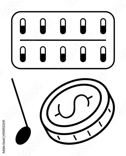 Medication pills in a blister pack, dollar coin, and a measuring spoon. Ideal for themes thumbs up healthcare, pharmacy, pricing, affordability, financial impact, wellness or a simple landing page