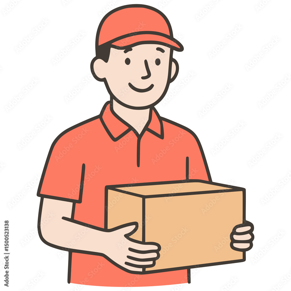 happy delivery man holding package box flat color vector illustration template design happy delivery man holding package box flat color vector illustration template design