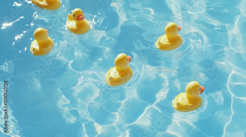 Yellow rubber ducks floating in a pool