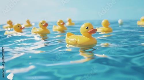 Yellow rubber ducks floating on blue water