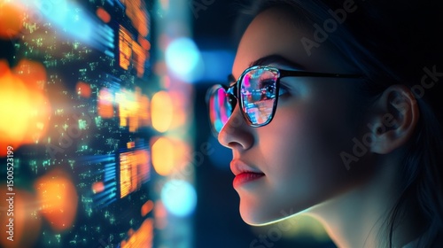 Young woman studying data stream on screen