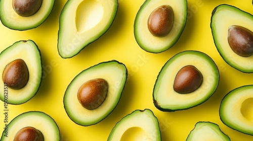 Fresh halved avocados on yellow background
