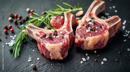 Raw lamb chops with rosemary salt and pepper